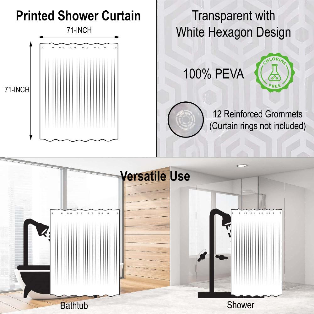 Evideco Transparent PEVA Shower Curtain – White Hexagon Design – 71×71 Inches Shower Accessories Shower Curtains