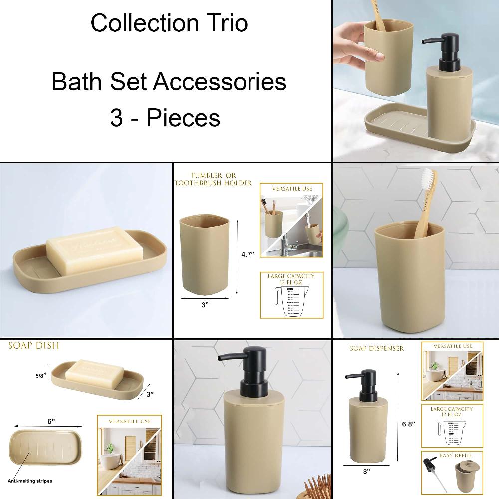 Evideco Trendy Beige Bathroom Set – Includes Tumbler Soap Dispenser And Soap Dish – Set Of 3 Accessories Bathroom Accessories Bath Coordinate Sets