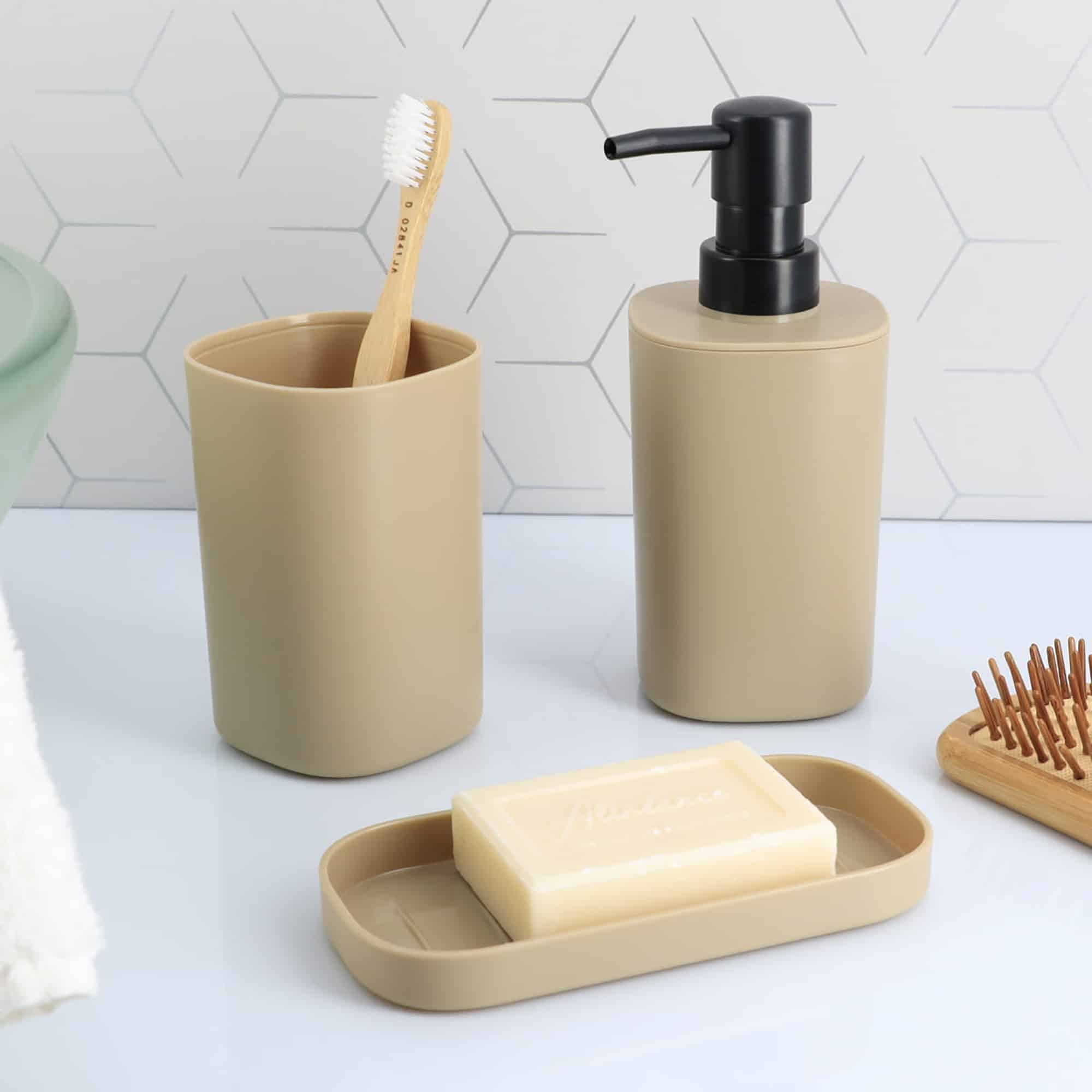 evideco Trendy Beige Bathroom Set – Includes Tumbler Soap Dispenser and Soap Dish – Set of 3 Accessories Bathroom Accessories Bath Coordinate Sets