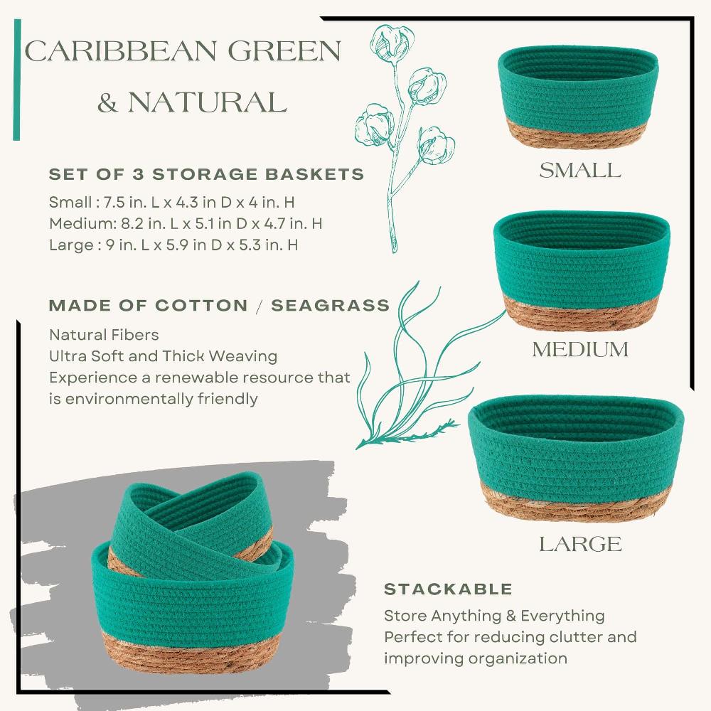 Evideco Tropical Caribbean Green Cotton Storage Baskets Organizer Padang Bins – Set Of 3 – Ideal As Diaper Basket Dog Toy Basket Or Gift Basket Bathroom Storage & Furniture Storage Baskets & Organizers