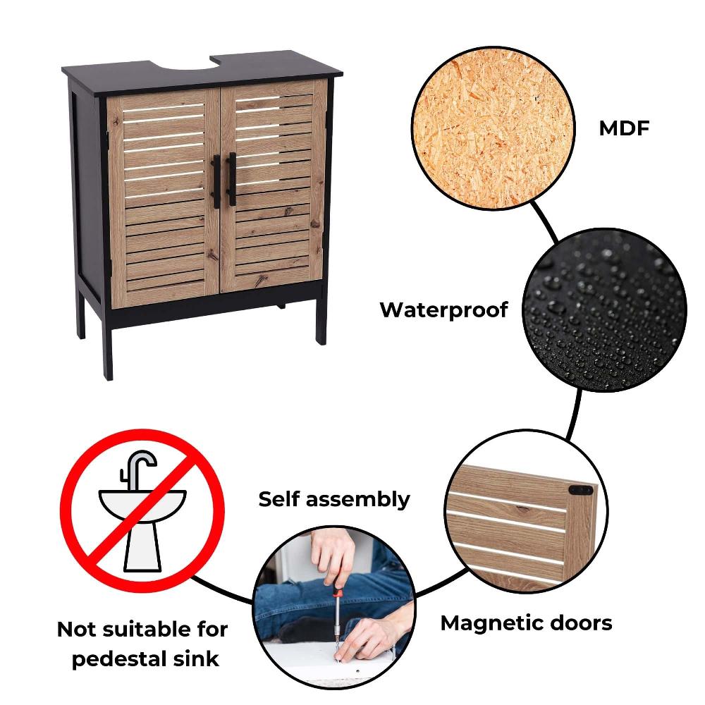 Evideco Under Sink Cabinet With U-Shaped Cut-Out Double Vented Doors Black And Brown – Bergen Collection Bathroom Storage & Furniture Under Sink Cabinets