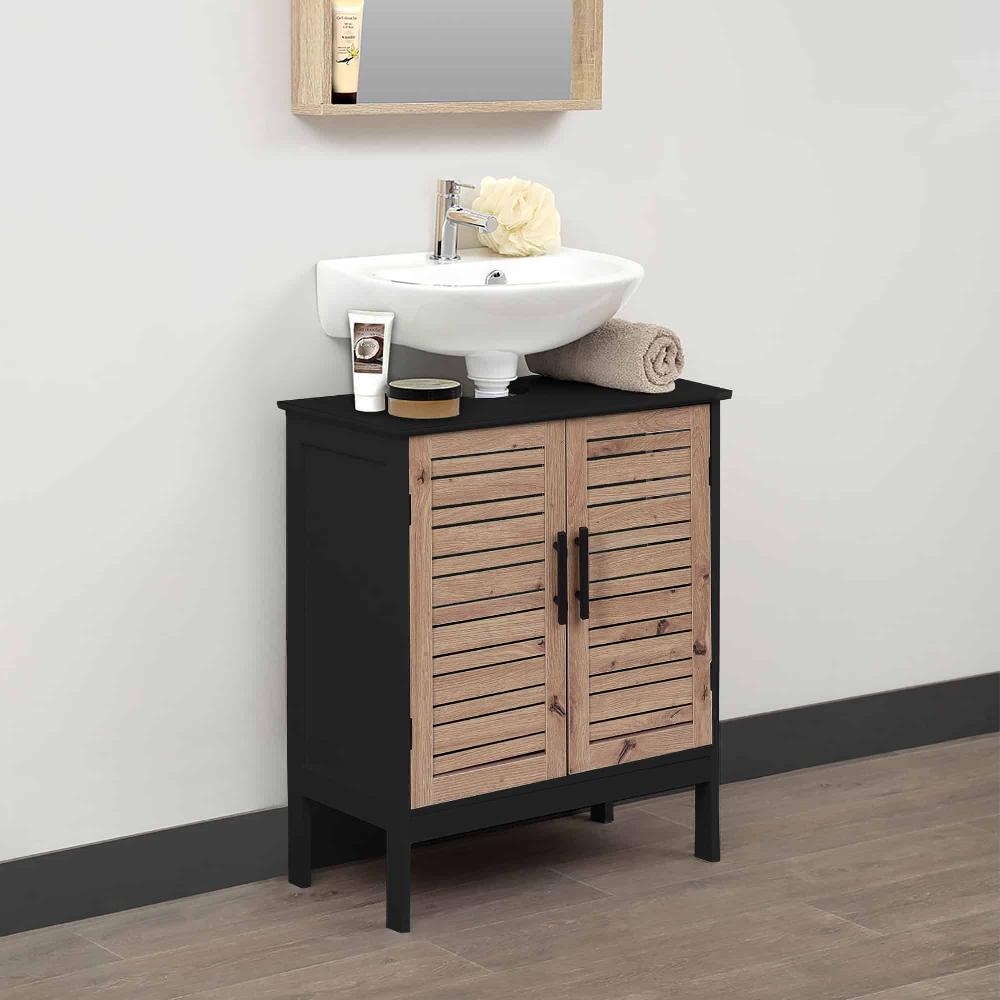 Evideco Under Sink Cabinet With U-Shaped Cut-Out Double Vented Doors Black And Brown – Bergen Collection Bathroom Storage & Furniture Under Sink Cabinets