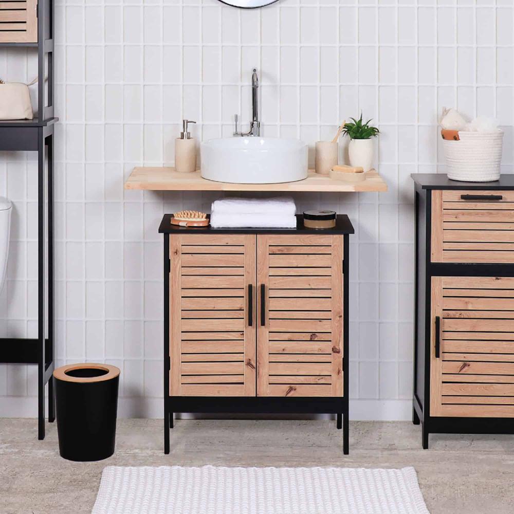 evideco Under Sink Cabinet with U-Shaped Cut-Out Double Vented Doors Black and Brown – Bergen Collection Bathroom Storage & Furniture Under Sink Cabinets