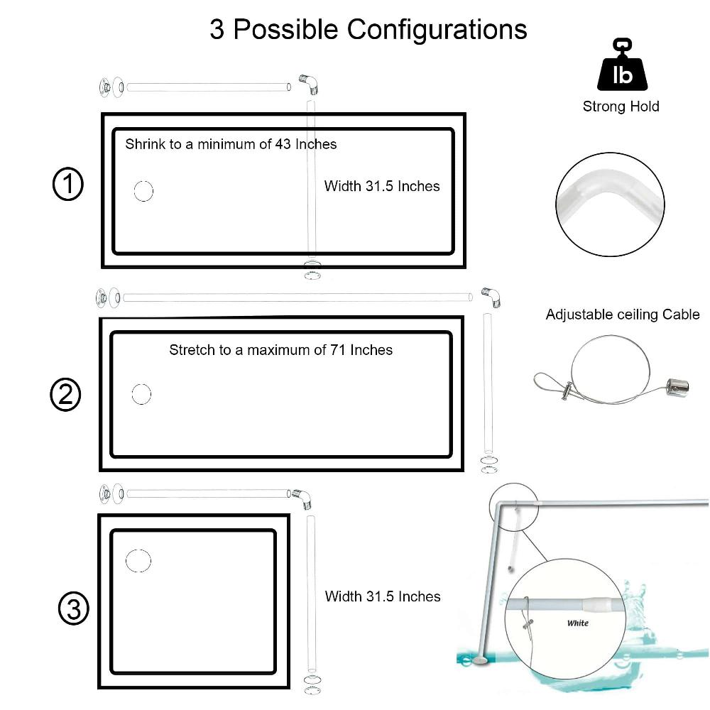 Evideco Wall Mounted Adjustable L-Shaped Corner Bathtub Curtain Rod 37″ To 71″L – Width 31.5″ White Shower Accessories Shower Curtain Rods