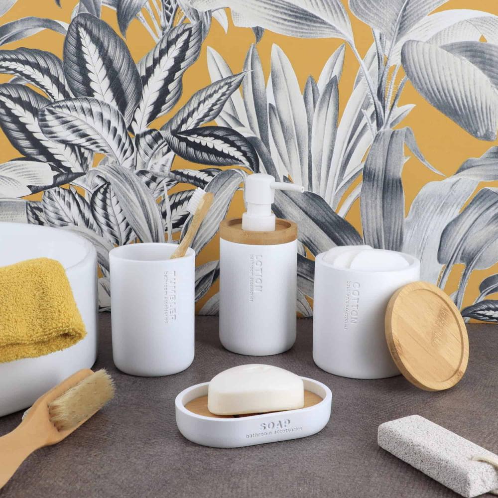 Evideco White Bathroom Accessories With Natural Accents Modern 6-piece Set Bathroom Accessories Bath Coordinate Sets