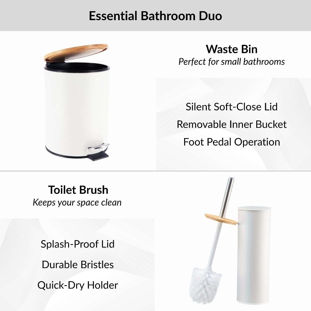 Evideco White Bathroom Set With Bamboo Lid – Matte Metal Trash Can And Toilet Brush Bathroom Accessories Bath Coordinate Sets