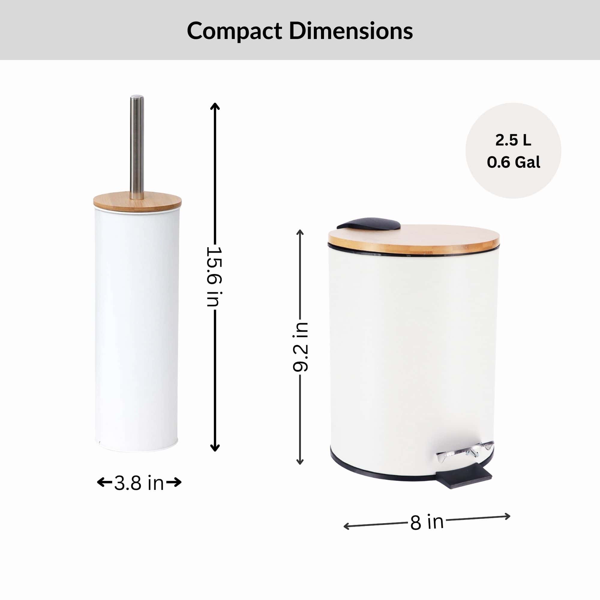 Evideco White Bathroom Set With Bamboo Lid – Matte Metal Trash Can And Toilet Brush Bathroom Accessories Bath Coordinate Sets