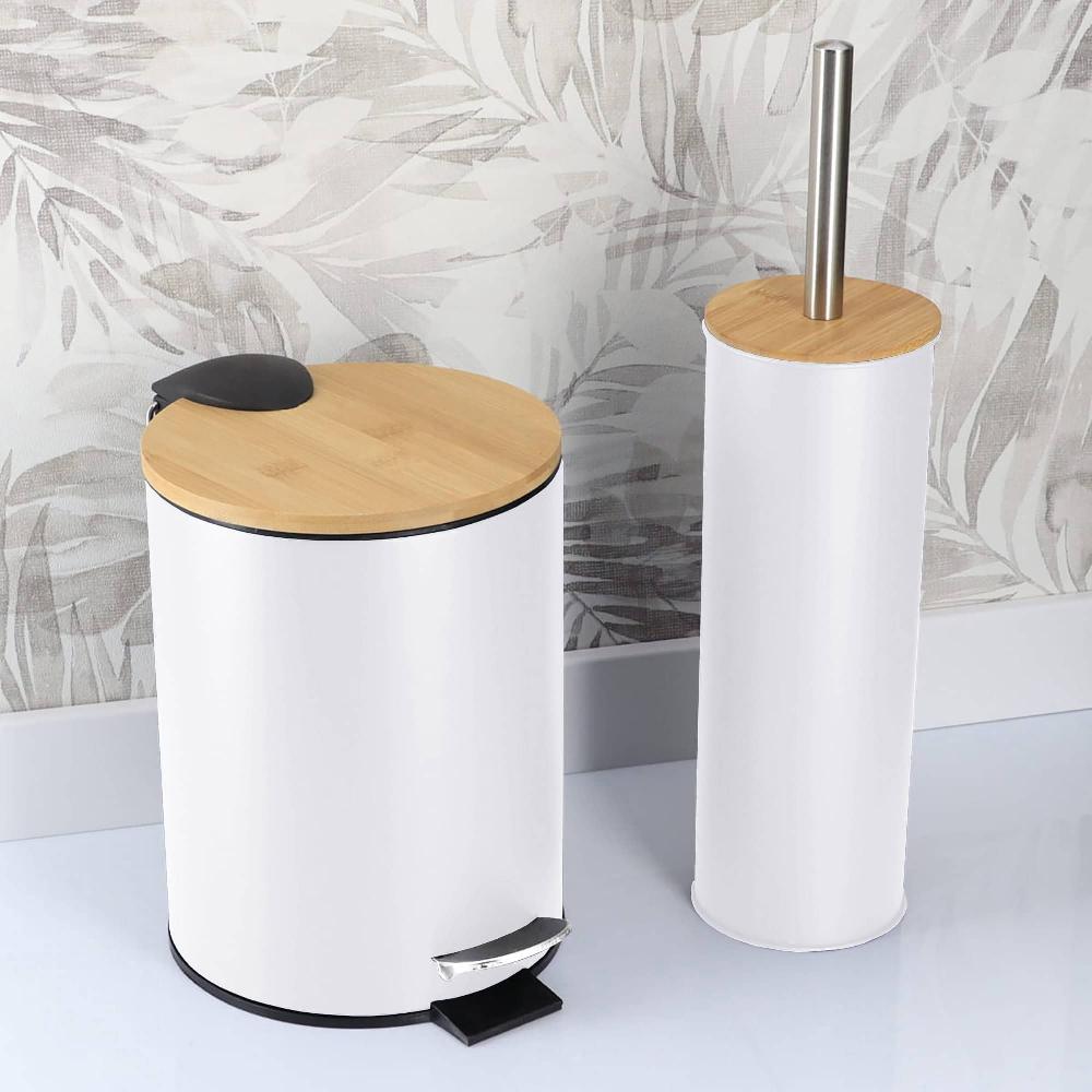 evideco White Bathroom Set with Bamboo Lid – Matte Metal Trash Can and Toilet Brush Bathroom Accessories Bath Coordinate Sets