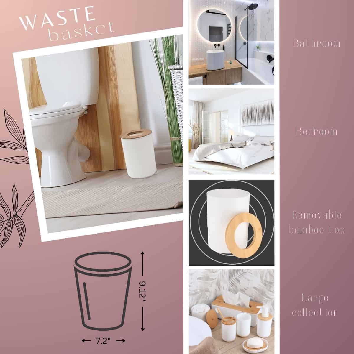Evideco White Bathroom Trash Can Padang Bamboo Top 1.3 Gal – Stylish And Sustainable 5L Waste Solution Toilet Seats & Accessories Toilet Wastebaskets Design & Solid