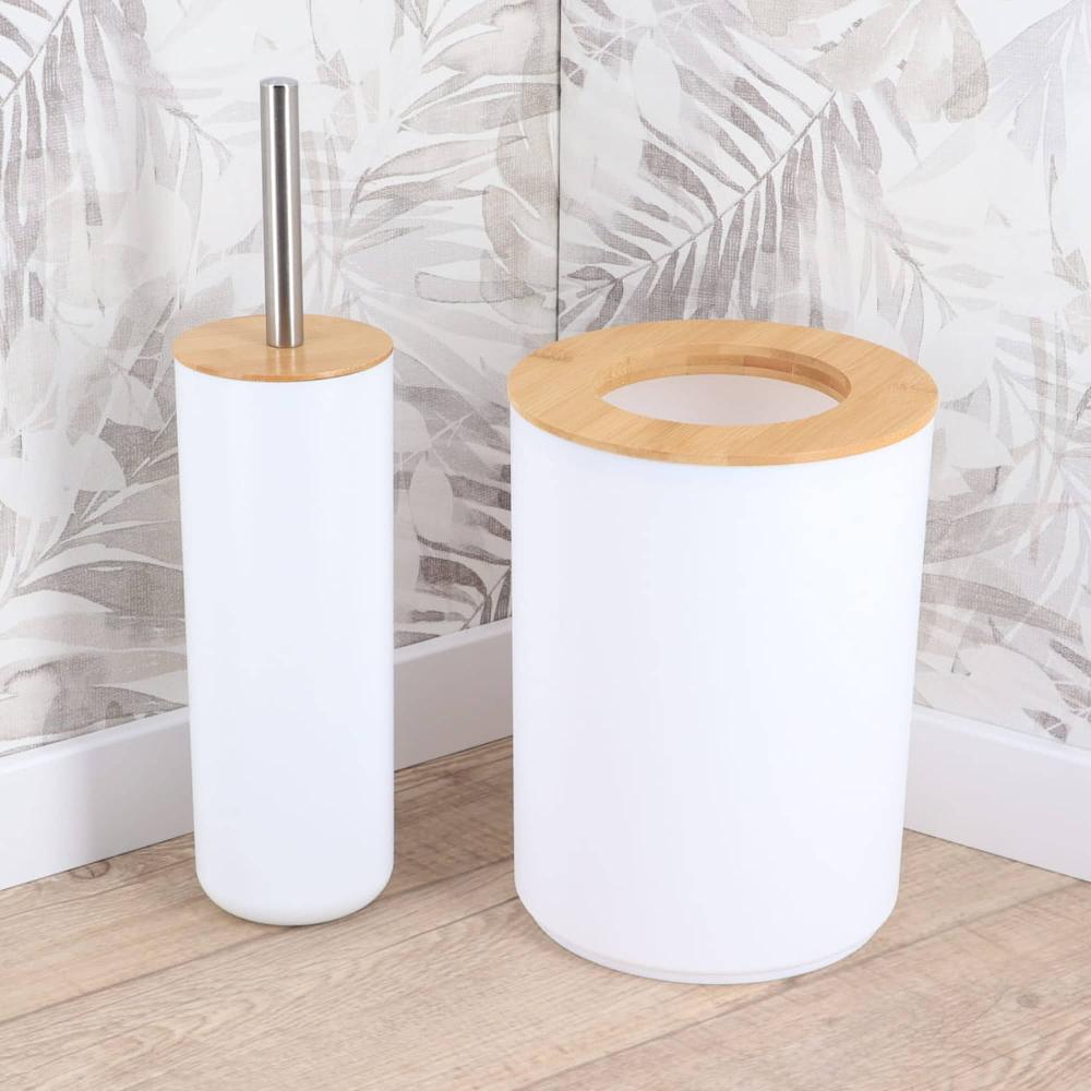 Evideco White Bathroom Trash Can Padang Bamboo Top 1.3 Gal – Stylish And Sustainable 5L Waste Solution Toilet Seats & Accessories Toilet Wastebaskets Design & Solid