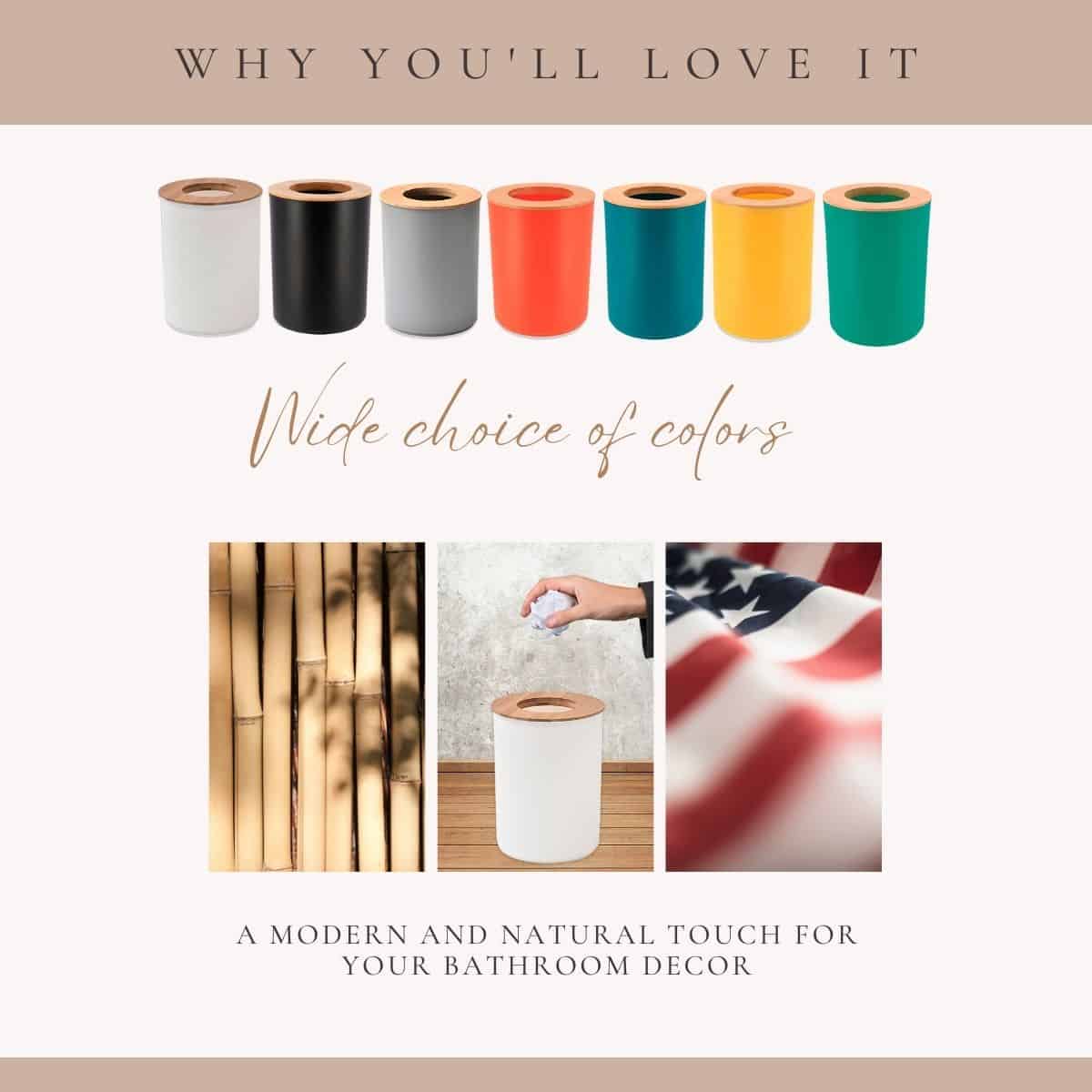 Evideco White Bathroom Trash Can Padang Bamboo Top 1.3 Gal – Stylish And Sustainable 5L Waste Solution Toilet Seats & Accessories Toilet Wastebaskets Design & Solid