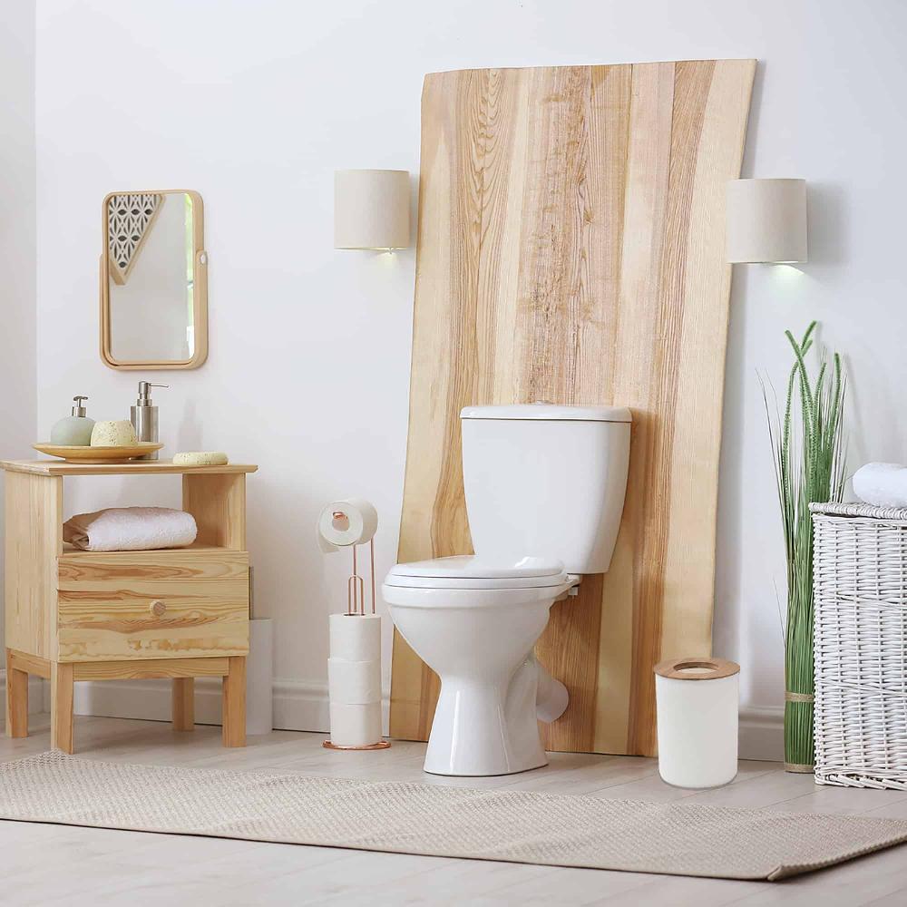 evideco White Bathroom Trash Can Padang Bamboo Top 1.3 Gal – Stylish and Sustainable 5L Waste Solution Toilet Seats & Accessories Toilet Wastebaskets Design & Solid