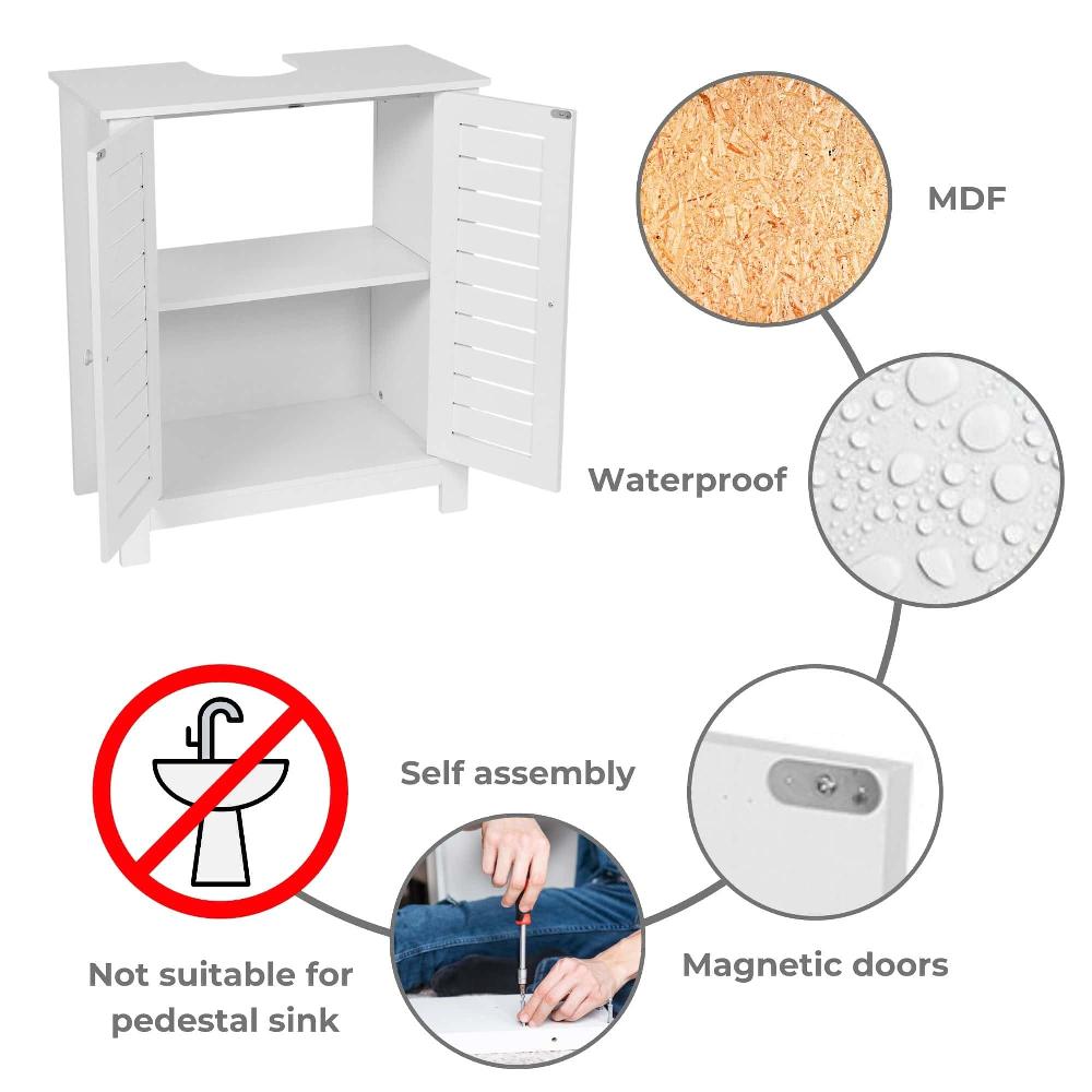 Evideco White Bathroom Vanity Under Sink Cabinet With U-Shaped Cut-Out Double Vented Doors Santorin Collection Bathroom Storage & Furniture Under Sink Cabinets