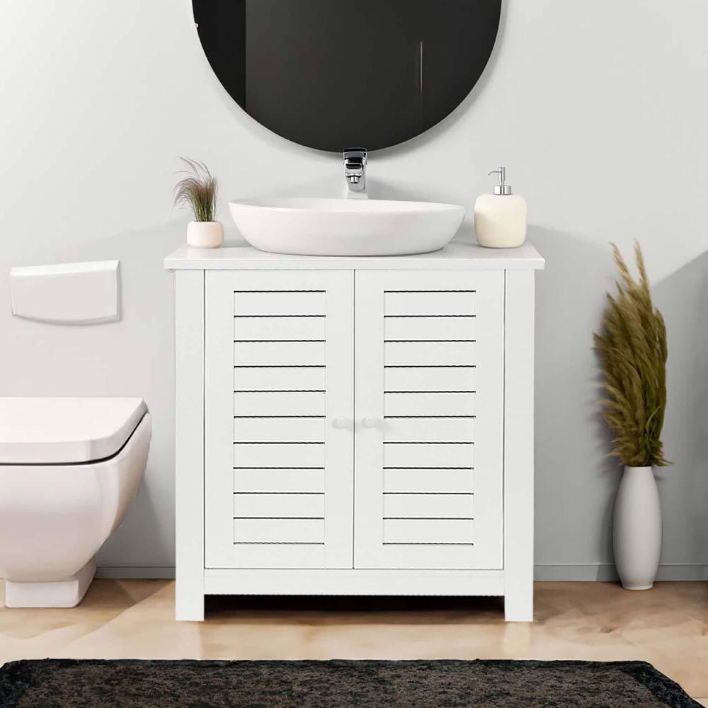 Evideco White Bathroom Vanity Under Sink Cabinet With U-Shaped Cut-Out Double Vented Doors Santorin Collection Bathroom Storage & Furniture Under Sink Cabinets