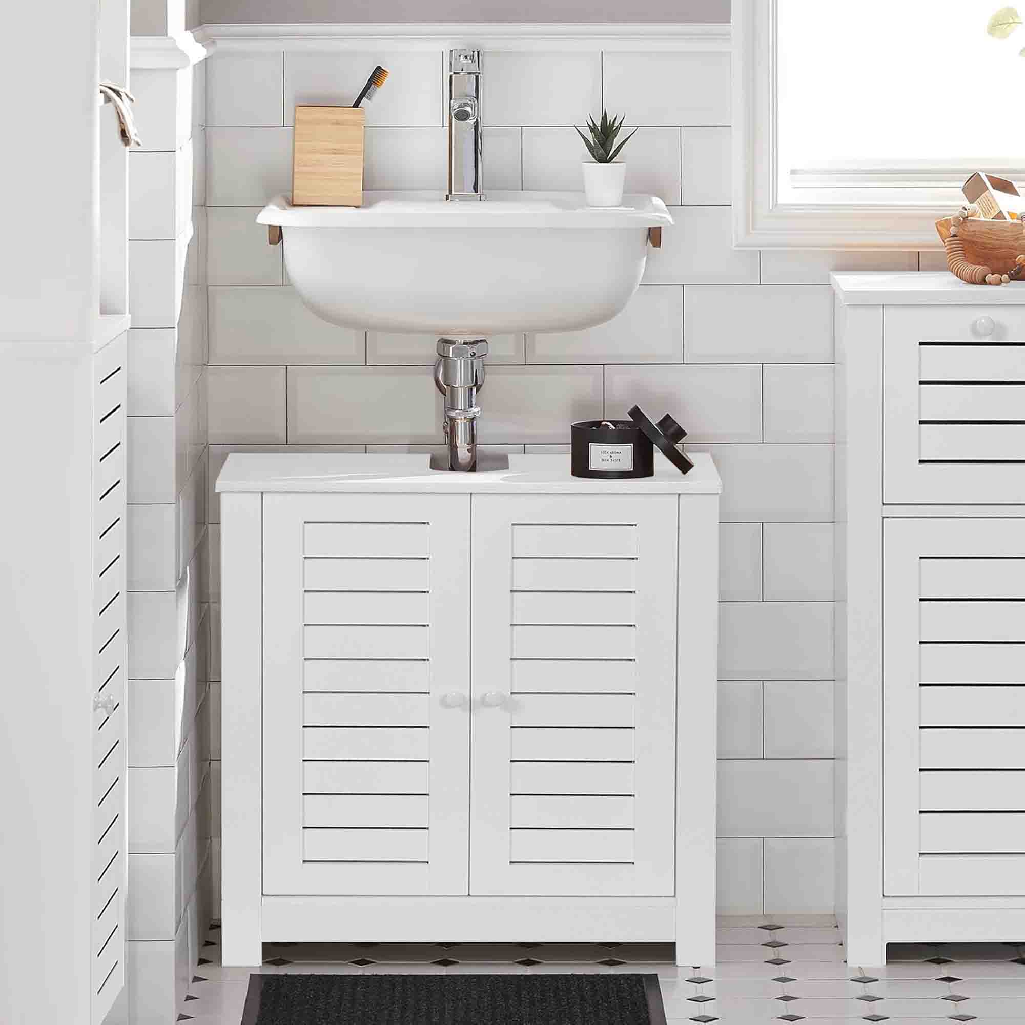 evideco White Bathroom Vanity Under Sink Cabinet with U-Shaped Cut-Out Double Vented Doors Santorin Collection Bathroom Storage & Furniture Under Sink Cabinets