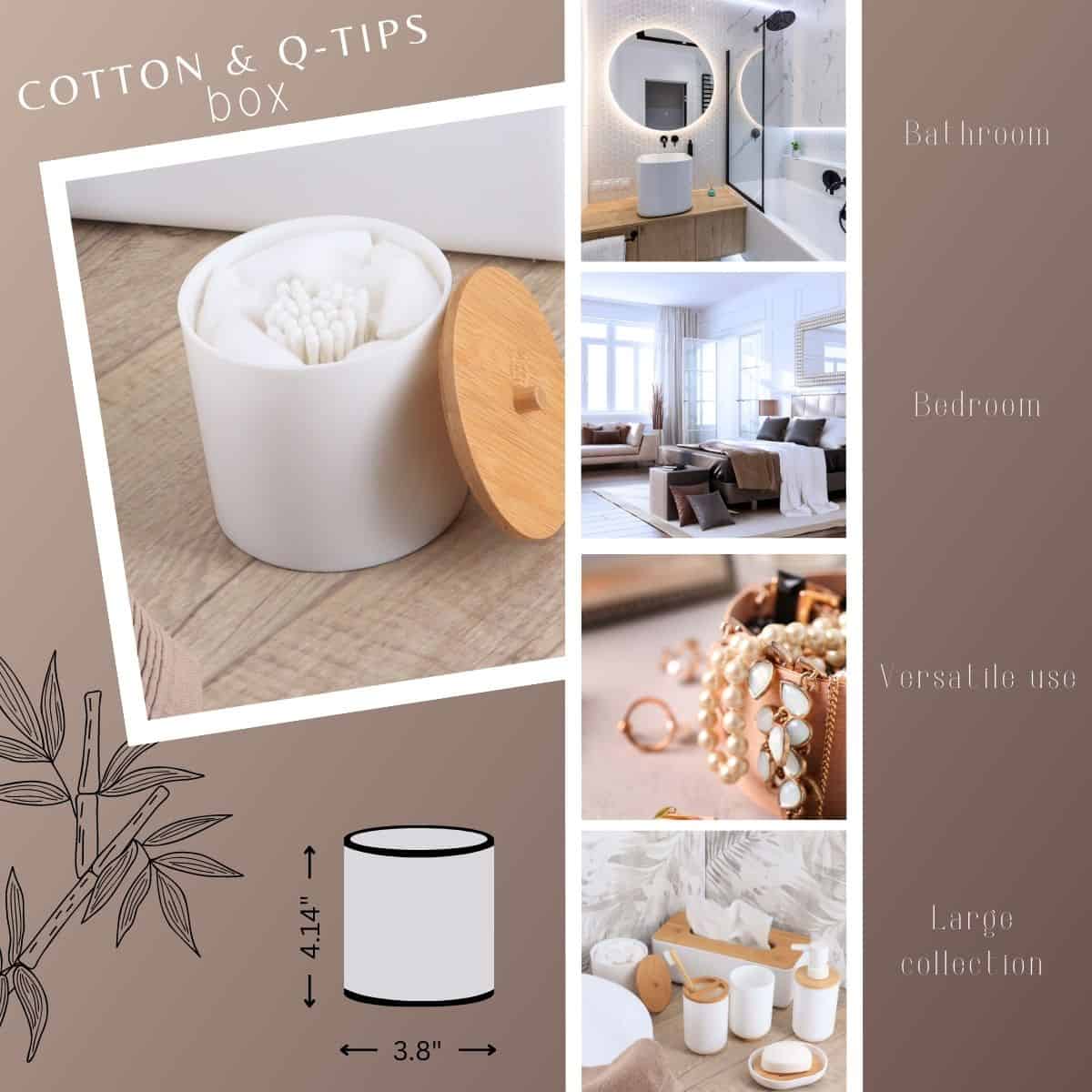 Evideco White Cotton Pad And Q-Tip Holder Padang With Bamboo Top – Organize In Style Bathroom Vanity Organizer Bathroom Accessories Cosmetic & Vanity Organizers