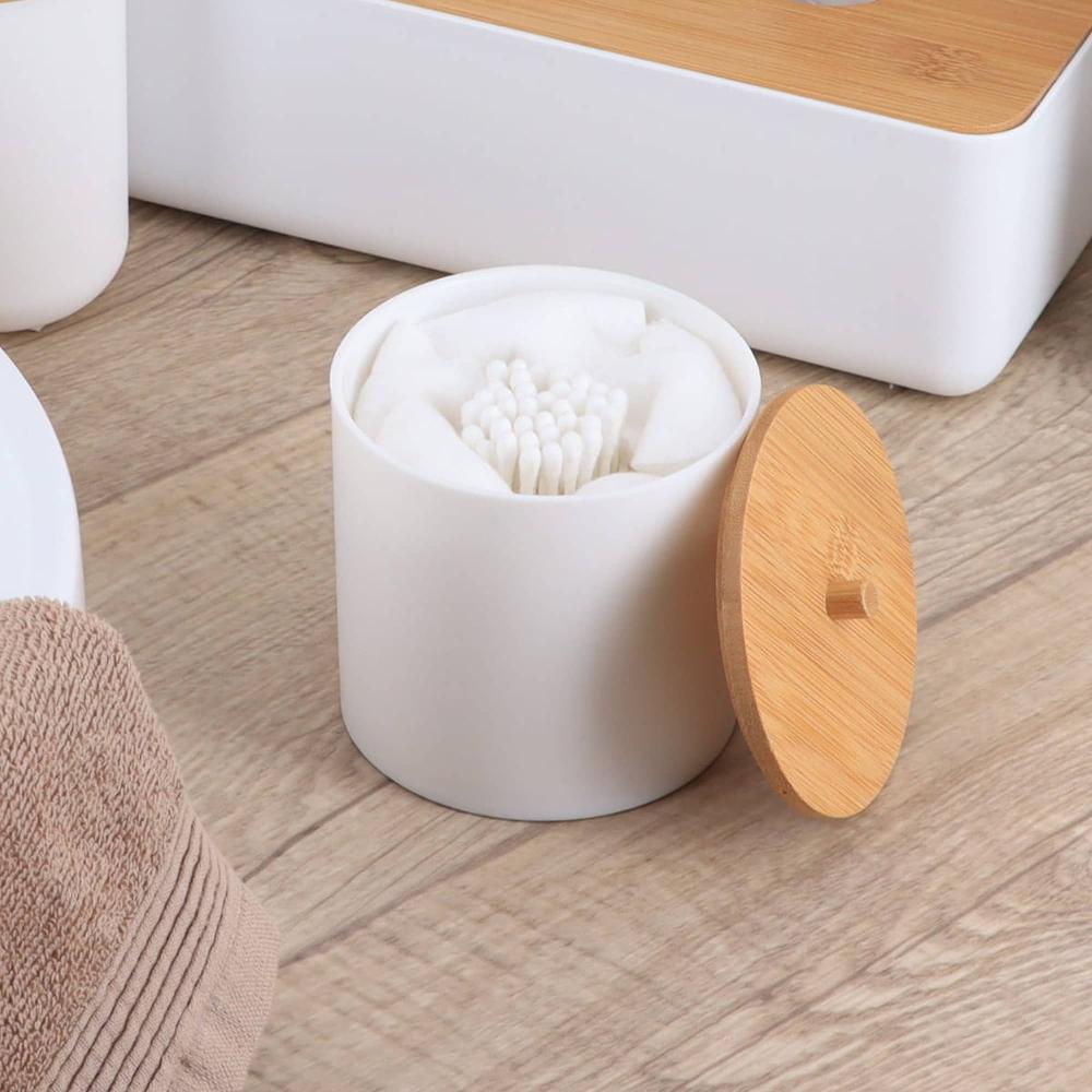 evideco White Cotton Pad and Q-Tip Holder Padang with Bamboo Top – Organize in Style Bathroom Vanity Organizer Bathroom Accessories Cosmetic & Vanity Organizers