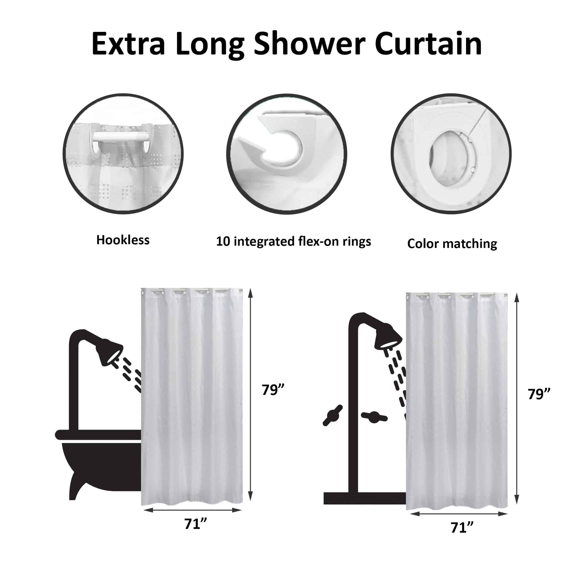 evideco White Extra Long Shower Curtain Polyester Hook Less Cubic 79″L x 71″W Shower Accessories Shower Curtains