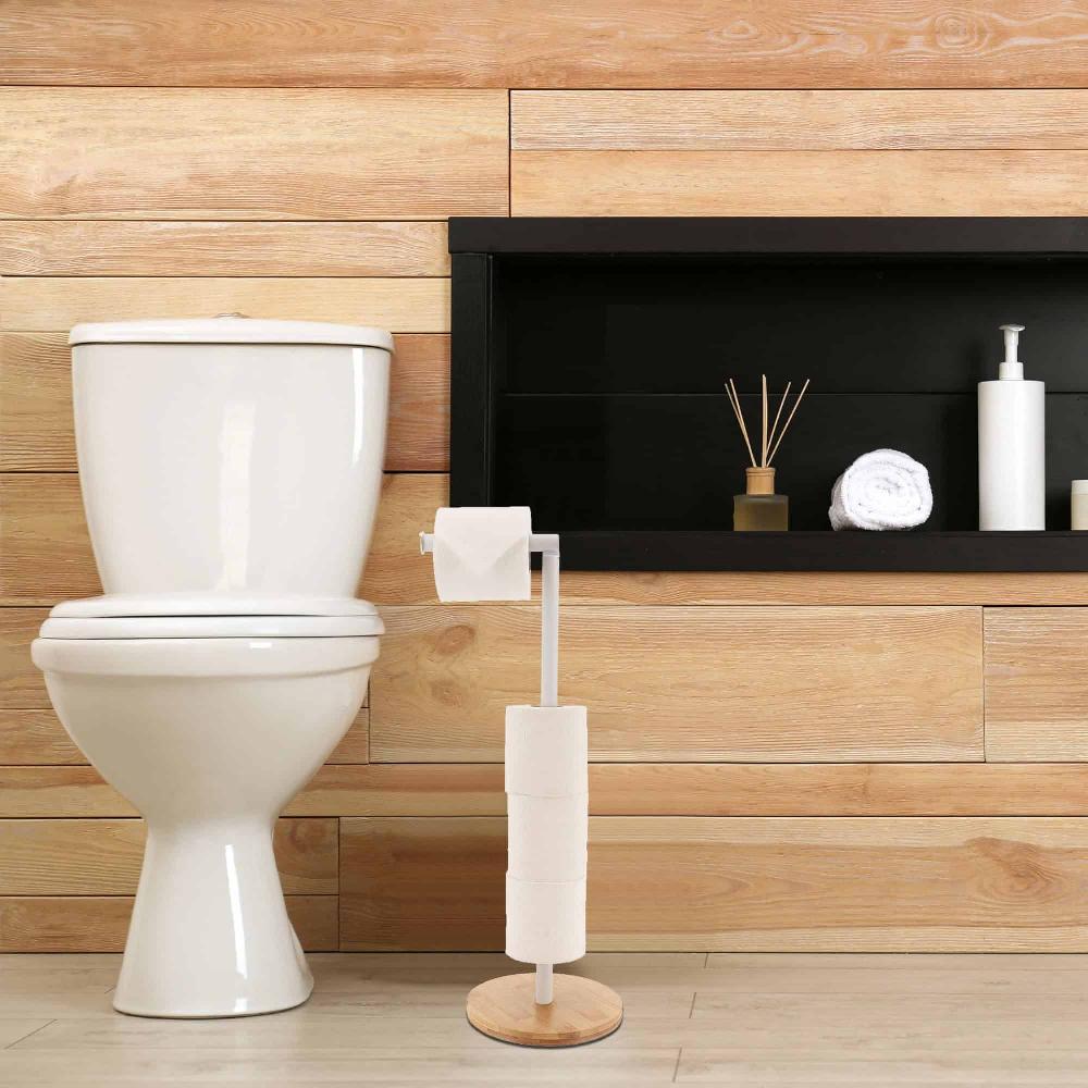 Evideco White Freestanding Toilet Paper Holder Stand With Bamboo Base Toilet Seats & Accessories Toilet Paper Holders & Dispensers