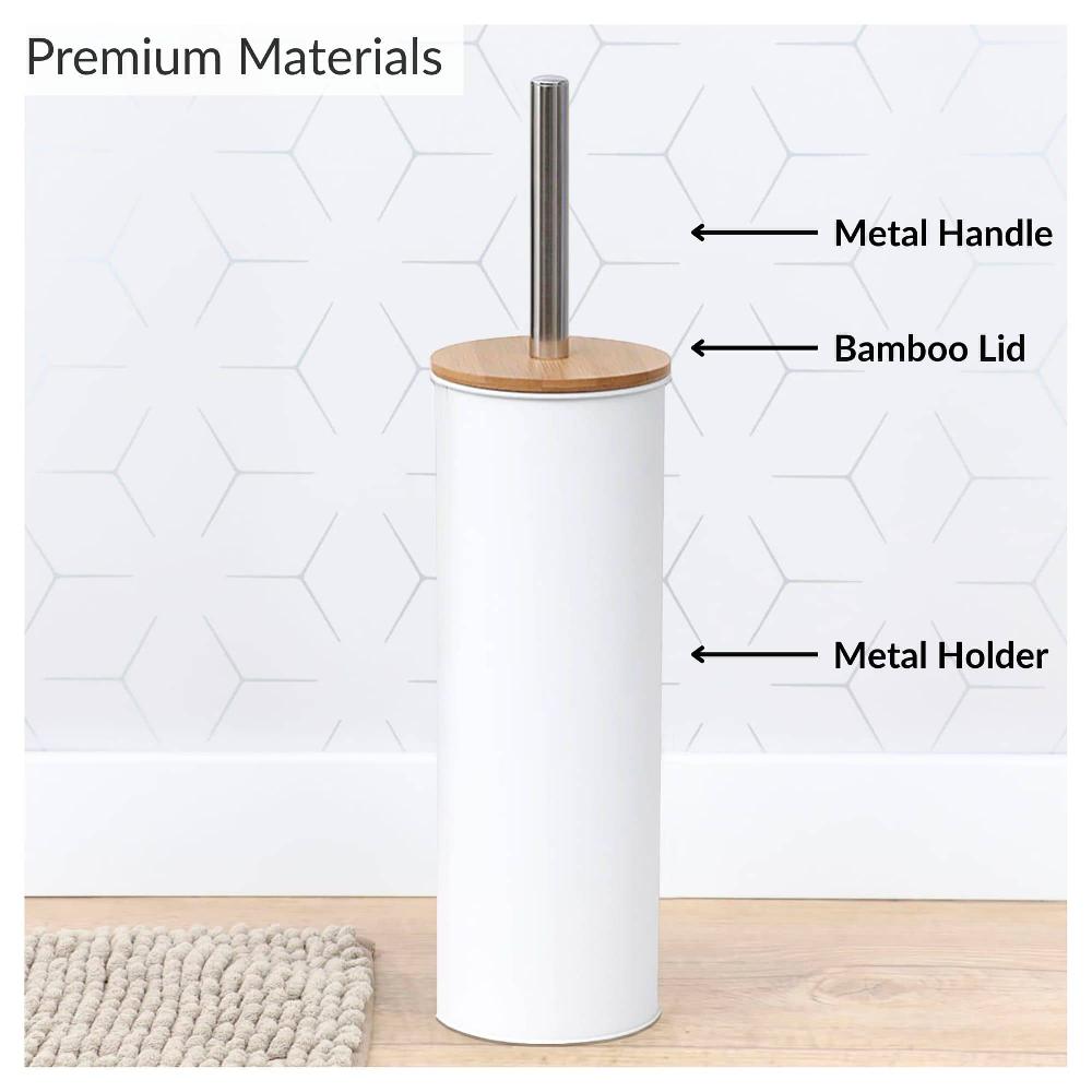 Evideco White Metal Toilet Brush And Holder Set With Bamboo Lid Toilet Seats & Accessories Toilet Brushes