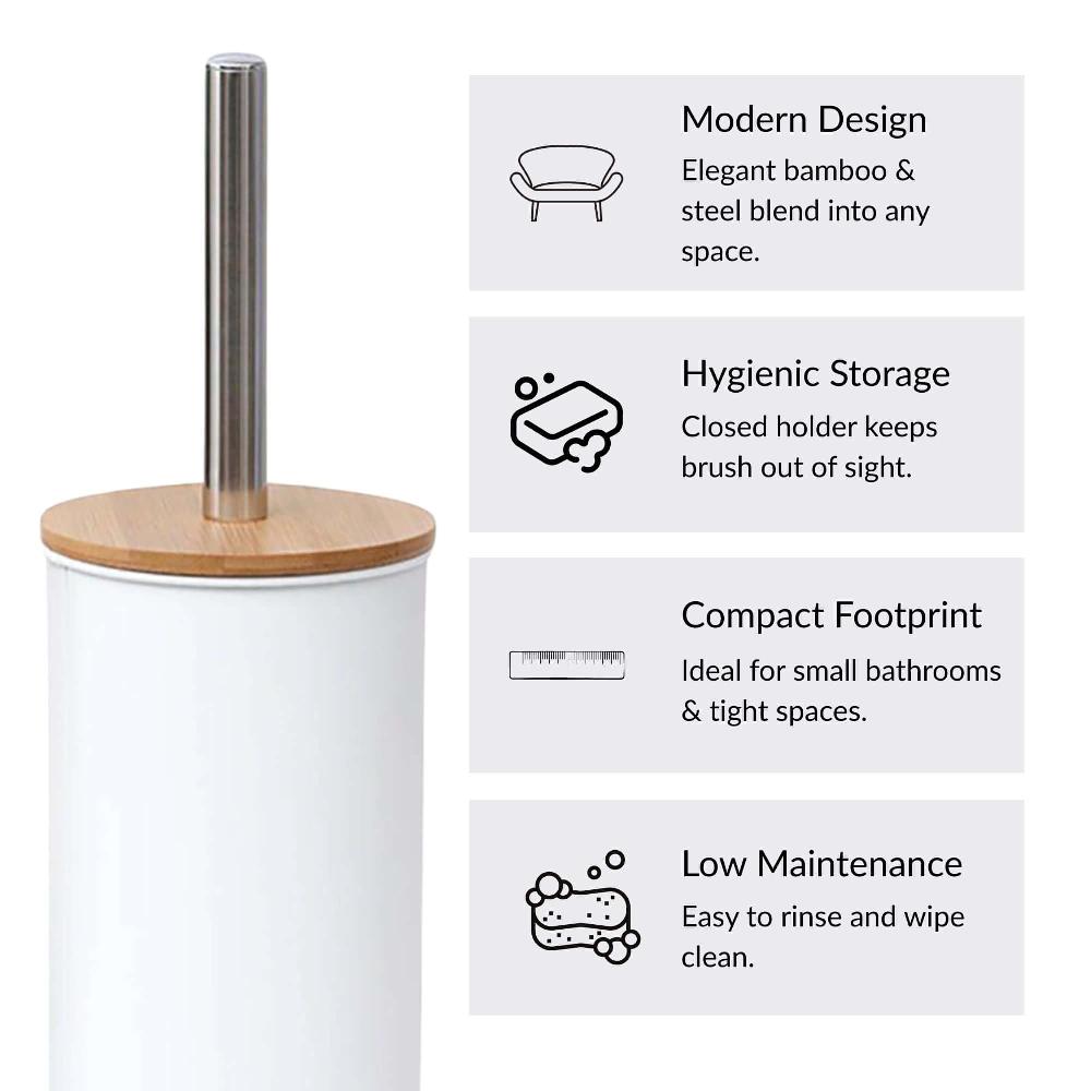 Evideco White Metal Toilet Brush And Holder Set With Bamboo Lid Toilet Seats & Accessories Toilet Brushes