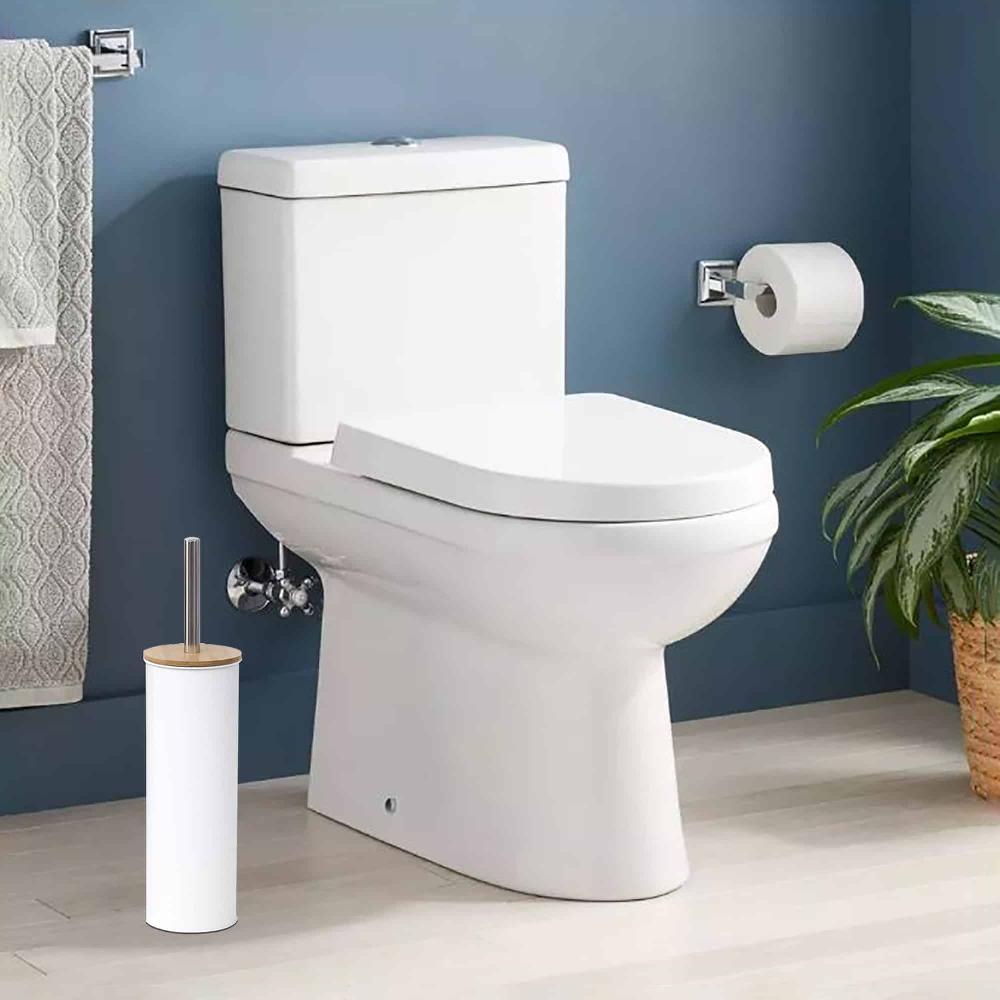 evideco White Metal Toilet Brush and Holder Set With Bamboo Lid Toilet Seats & Accessories Toilet Brushes
