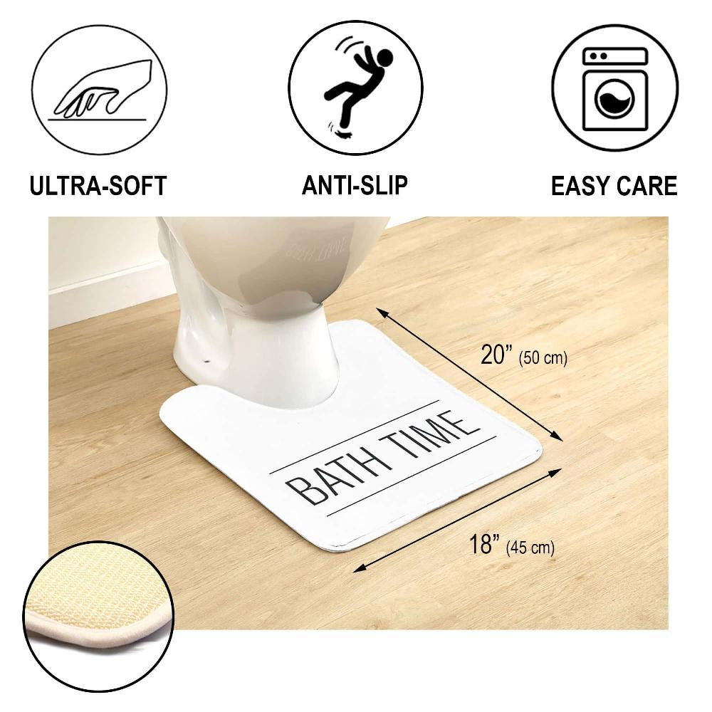 Evideco White Microfiber Contour Bath Rug – 20 X 18 Inches – Non-Slip Design And Stylish ‘Bath Time’ Print Bathroom Mats & Rugs Toilet Contour Rugs