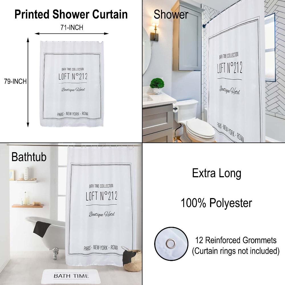 Evideco White Polyester Shower Curtain – 79×71 Inches – Black Writing Design Shower Accessories Shower Curtains