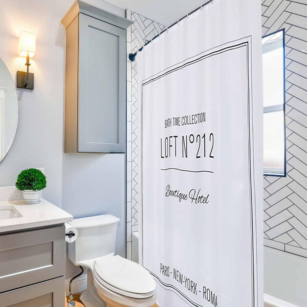 Evideco White Polyester Shower Curtain – 79×71 Inches – Black Writing Design Shower Accessories Shower Curtains