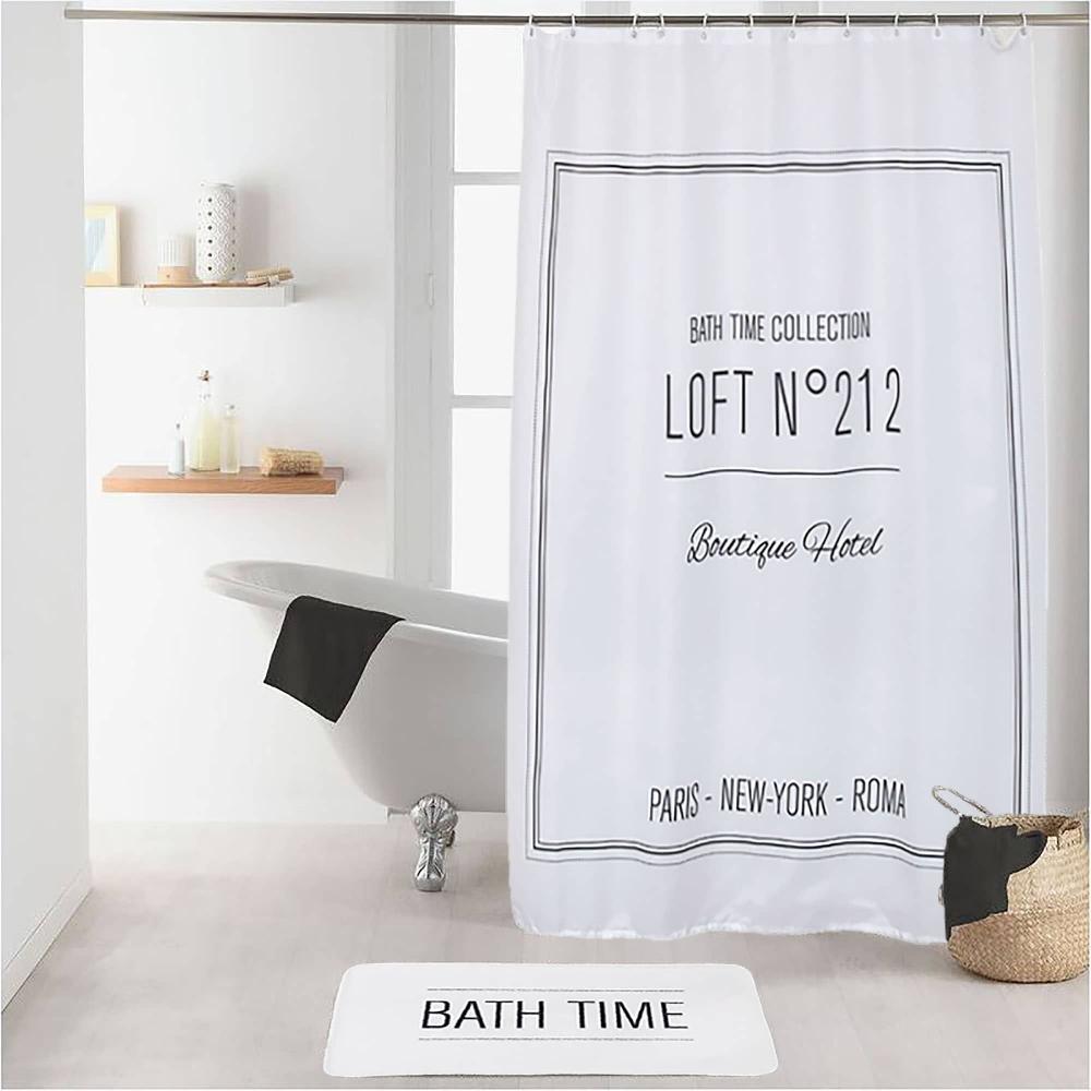 Evideco White Polyester Shower Curtain – 79×71 Inches – Black Writing Design Shower Accessories Shower Curtains