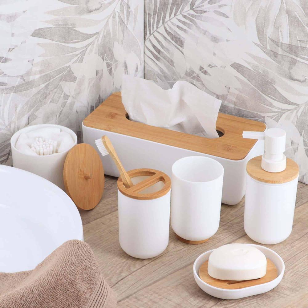 Evideco White Soap And Lotion Pump Dispenser Padang With Bamboo Top – 10 Fl Oz – Perfect For Kitchen And Bathroom Countertops Bathroom Accessories Soap & Lotion Dispensers