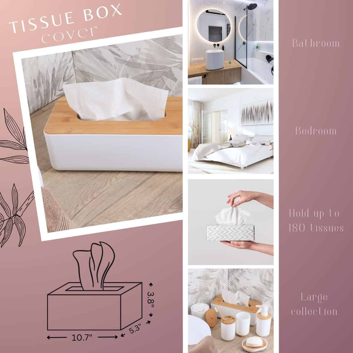 Evideco White Tissue Box Cover Padang With Bamboo Top – Elegant Design For Home And Office – Enhance Décor And Organization Bathroom Accessories Cosmetic & Vanity Organizers