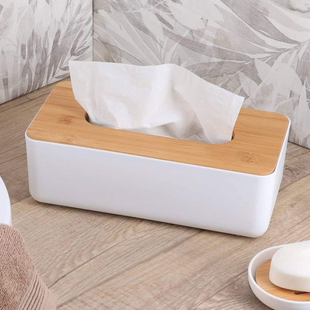 evideco White Tissue Box Cover Padang with Bamboo Top – Elegant Design for Home and Office – Enhance Décor and Organization Bathroom Accessories Cosmetic & Vanity Organizers