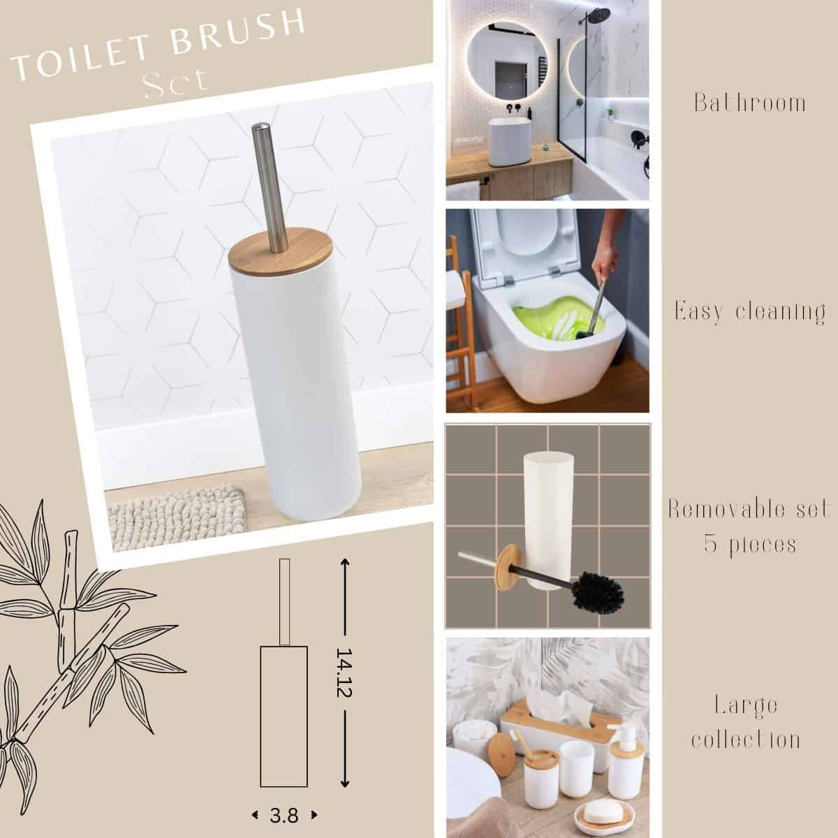 Evideco White Toilet Brush And Holder Set Padang With Bamboo Top – Stylish Bathroom Cleaning Solution For Modern Homes Toilet Seats & Accessories Toilet Brushes
