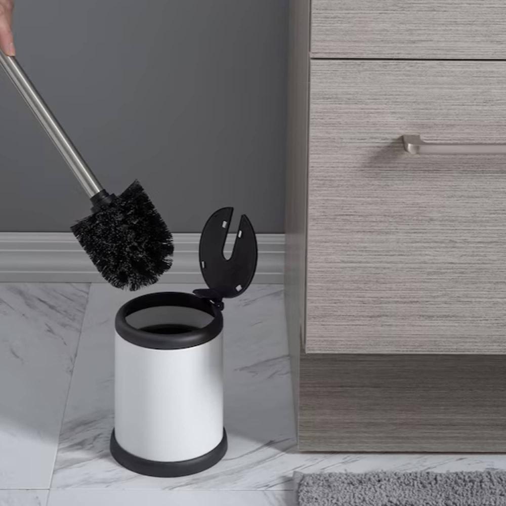 Evideco White Toilet Brush Set With Stainless Steel Handle Folding Lid And Removable Insert – Compact Design For Modern Bathrooms Toilet Seats & Accessories Toilet Brushes