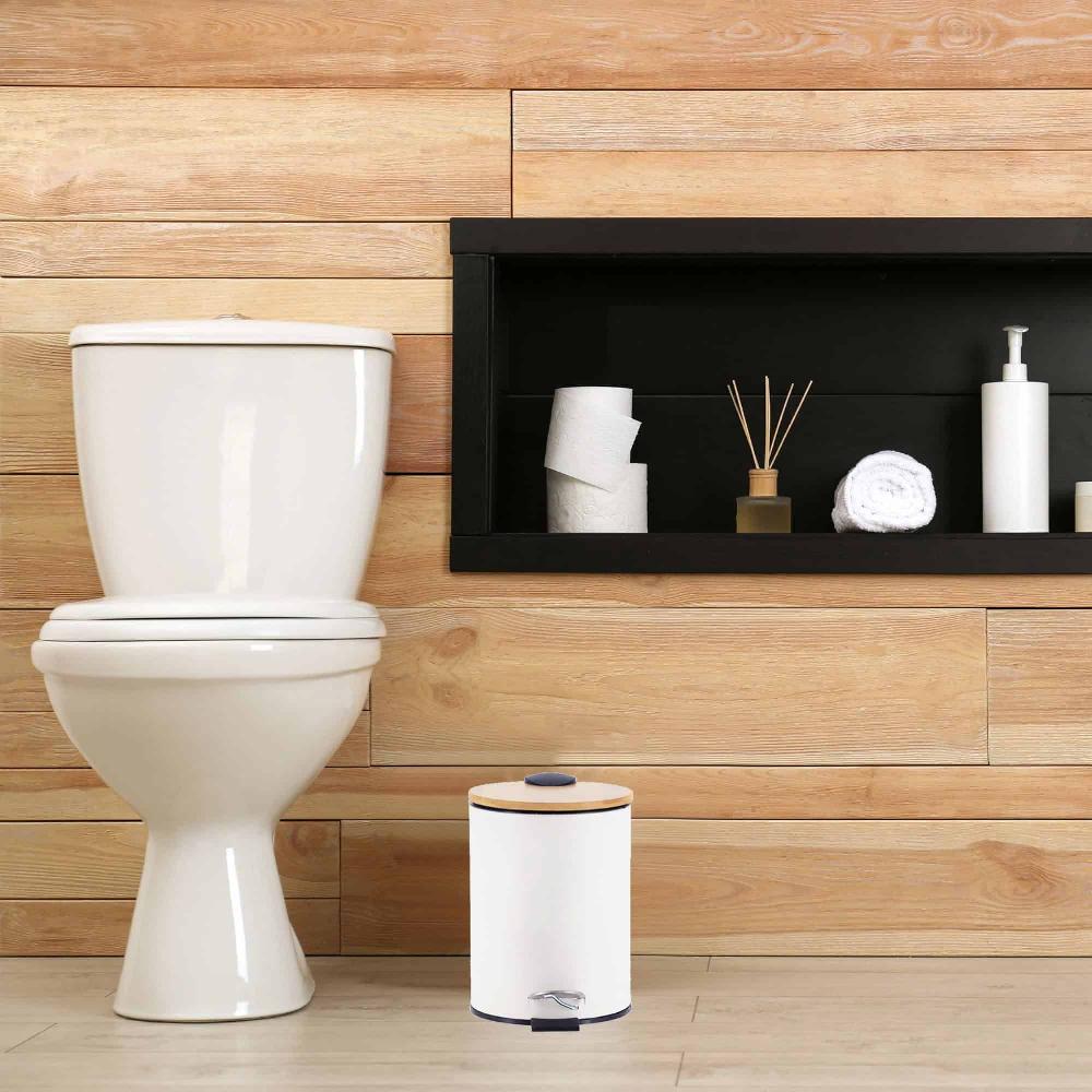 Evideco White Trash Can With Bamboo Lid And Pedal 2.5L Capacity Toilet Seats & Accessories Toilet Wastebaskets Design & Solid