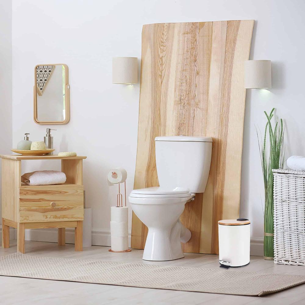 Evideco White Trash Can With Bamboo Lid And Pedal 2.5L Capacity Toilet Seats & Accessories Toilet Wastebaskets Design & Solid