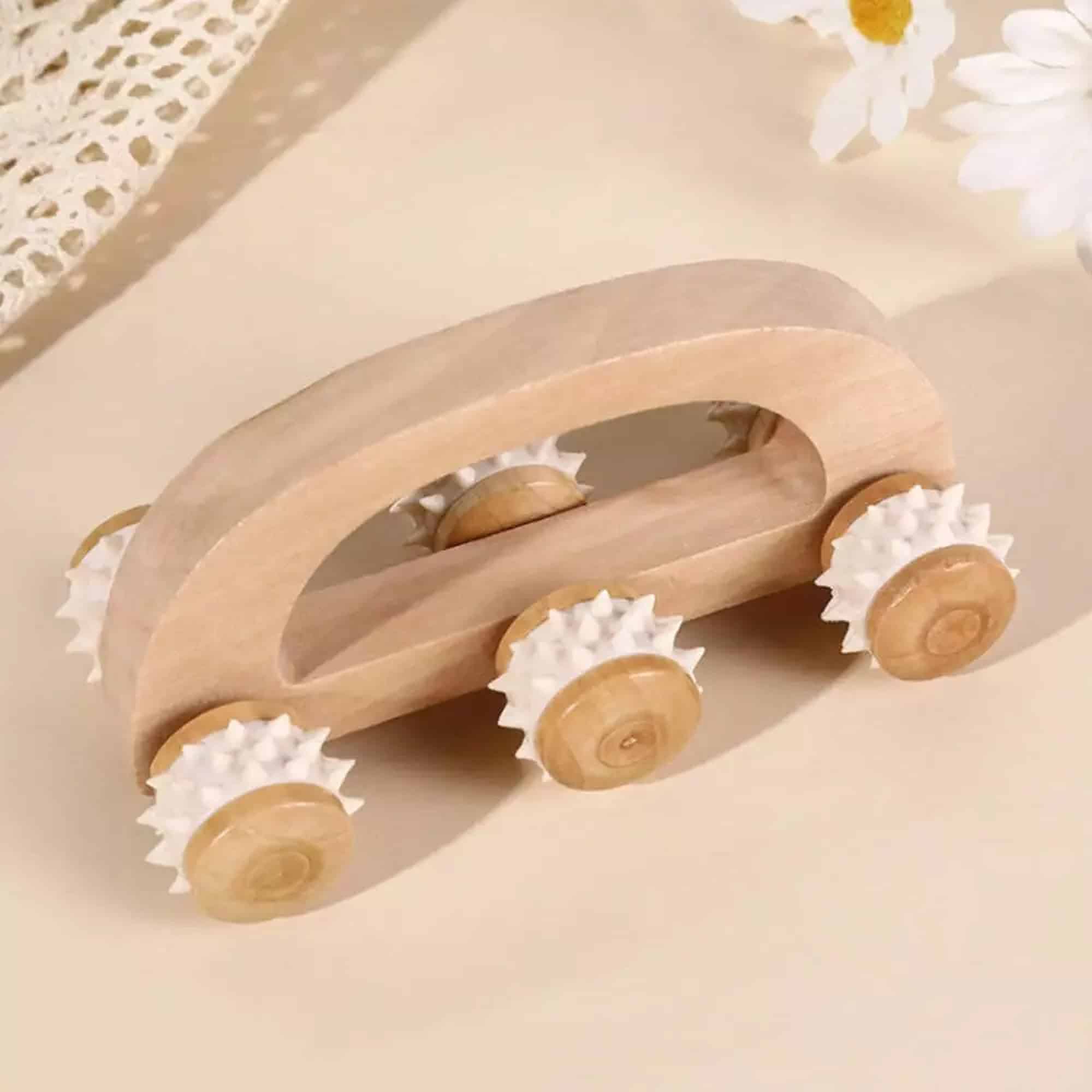 Evideco Wooden Handheld 6-Wheel Massage Roller – Deep Tissue Muscle Relaxation Stress Relief And Circulation Booster Spa Wellness Accessories