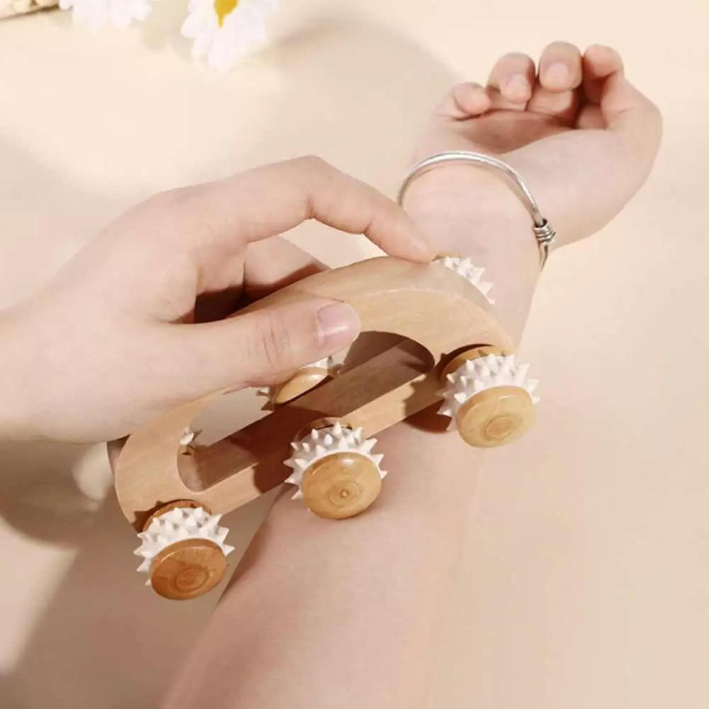 evideco Wooden Handheld 6-Wheel Massage Roller – Deep Tissue Muscle Relaxation Stress Relief and Circulation Booster Spa Wellness Accessories