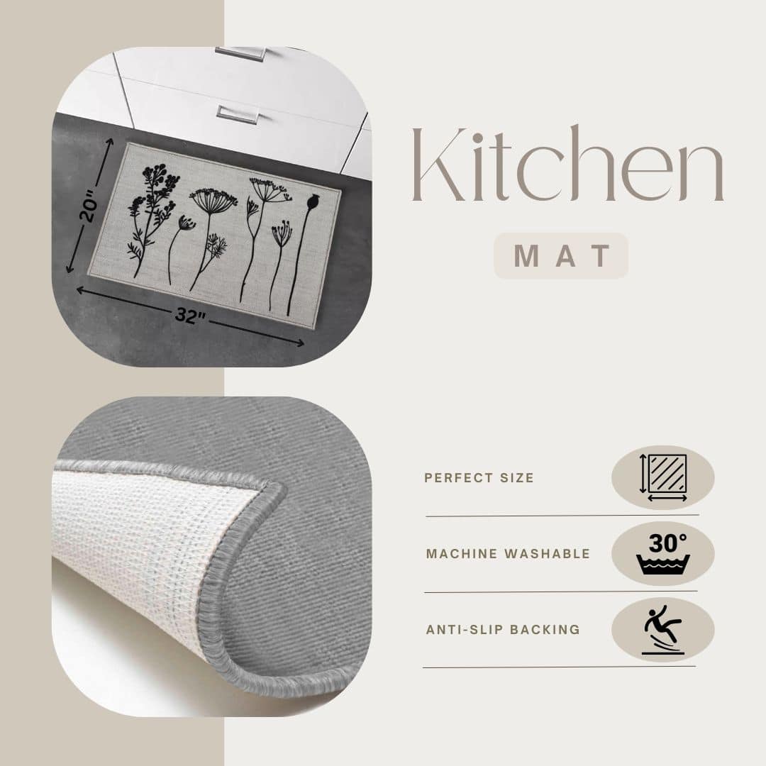 Evideco Wool Effect Wildflowers Kitchen Mat 32 X 20 Inches Gray Black Home Accessories Kitchen Mats