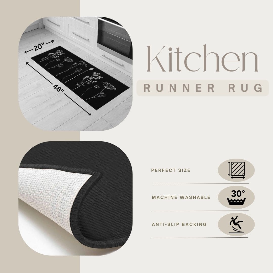 Evideco Wool Effect Wildflowers Kitchen Runner Rug 48 X 20 Inches Black Gray Home Accessories Kitchen Mats