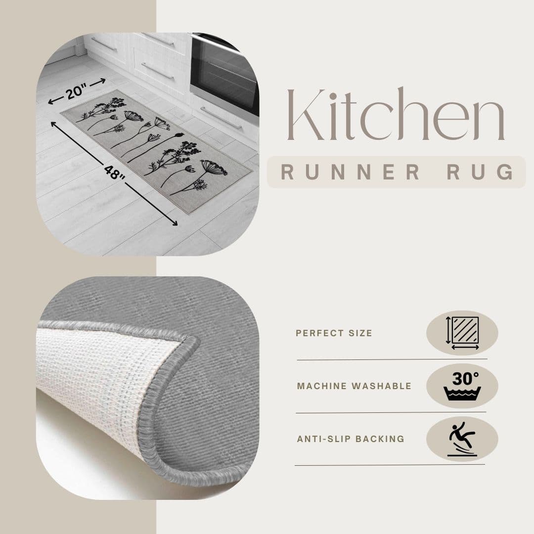 Evideco Wool Effect Wildflowers Kitchen Runner Rug 48 X 20 Inches Gray Black Home Accessories Kitchen Mats