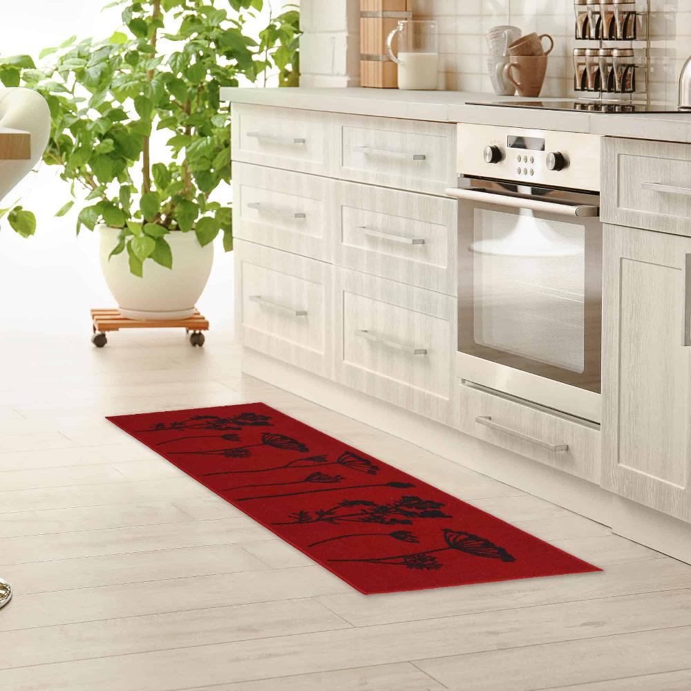 evideco Wool Effect Wildflowers Kitchen Runner Rug 48 x 20 Inches Red Black Home Accessories Kitchen Mats