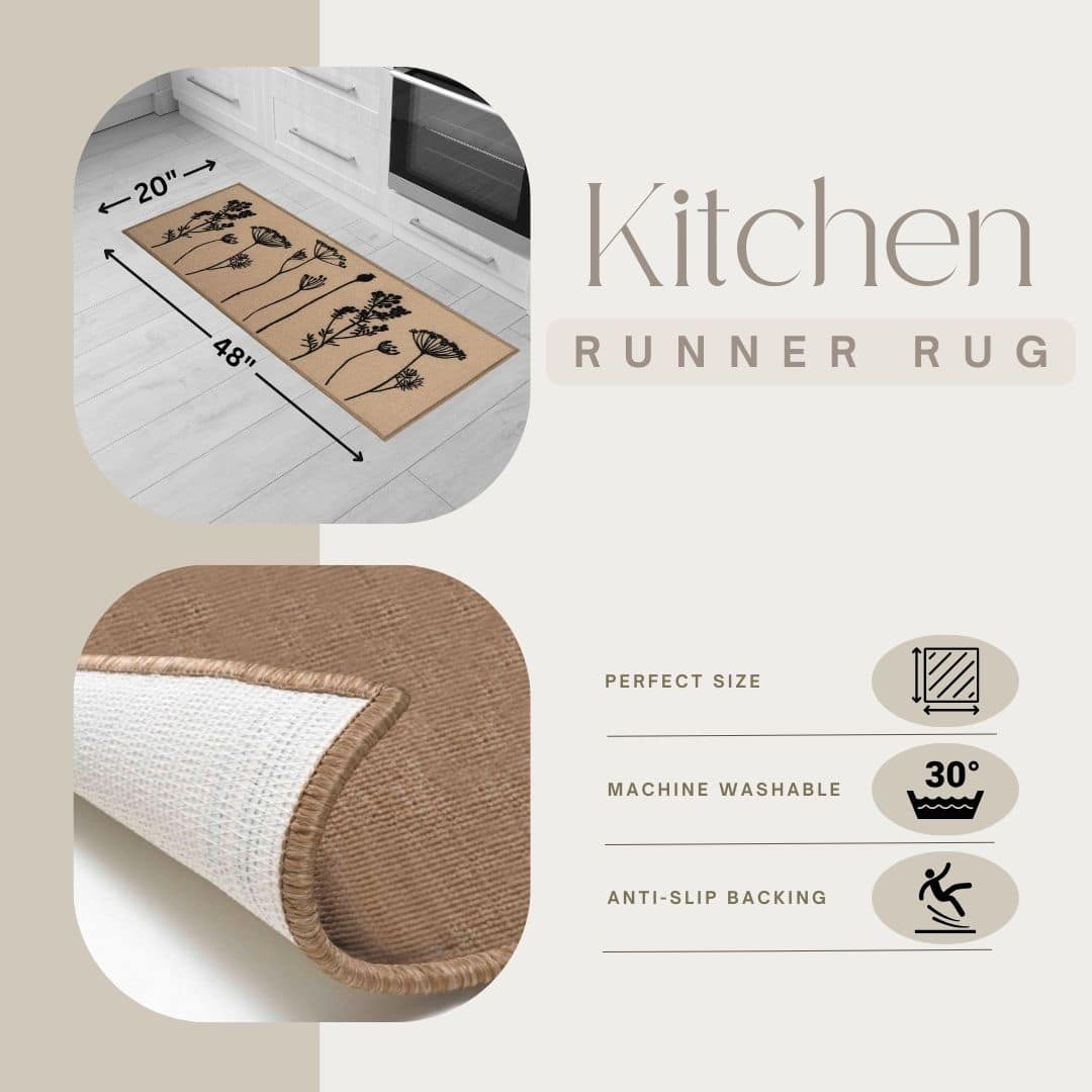 Evideco Wool Effect Wildflowers Kitchen Runner Rug 48 X 20 Inches Tan Black Home Accessories Kitchen Mats