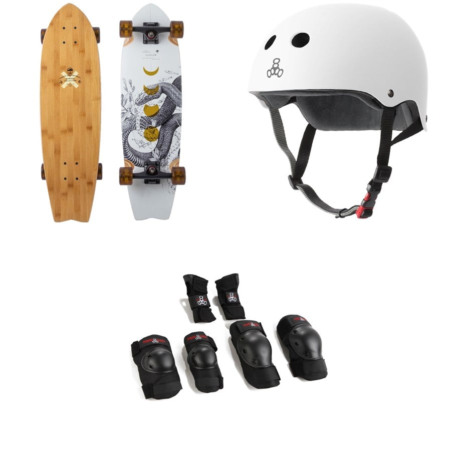 evo Arbor Sizzler Bamboo Longboard Complete + Triple 8 The Certified Sweatsaver Skateboard Helmet + Saver Series High Impact Skateboard Pad Set