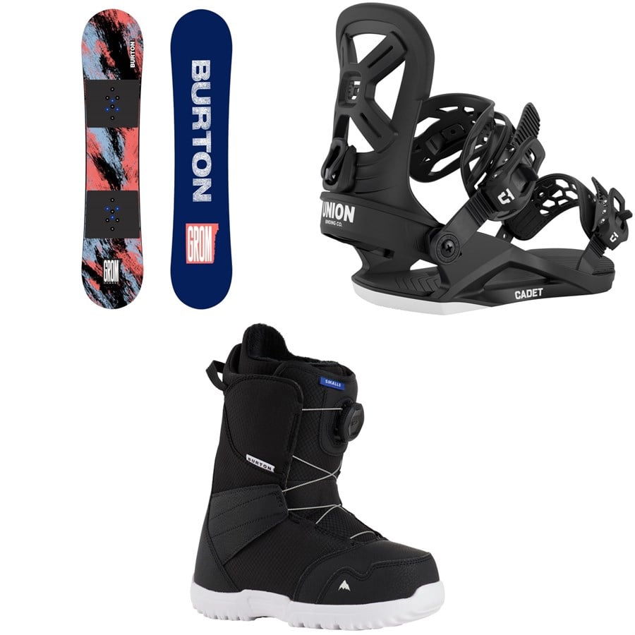 evo Burton Grom Camber Snowboard + Union Cadet Snowboard Bindings + Burton Smalls BOA Snowboard Boots - Kids' 2026