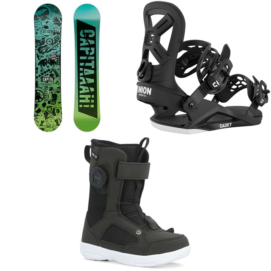 evo CAPiTA Scott Stevens Mini Snowboard + Union Cadet Snowboard Bindings + Ride Norris Snowboard Boots - Kids 2026