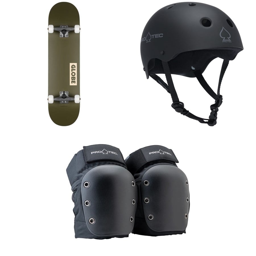 evo Globe Goodstock Skateboard Complete + Pro-Tec The Classic Certified EPS Skateboard Helmet + Street Open Back Skateboard Knee Pads
