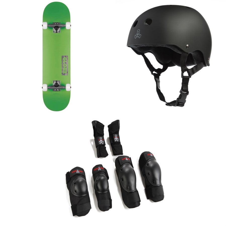 Evo Globe Goodstock Skateboard Complete + Triple 8 Sweatsaver Liner Skateboard Helmet + Triple 8 Saver Series High Impact Skateboard Pad Set
