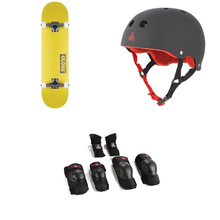 evo Globe Goodstock Skateboard Complete + Triple 8 Sweatsaver Liner Skateboard Helmet + Saver Series High Impact Jr Pad Set